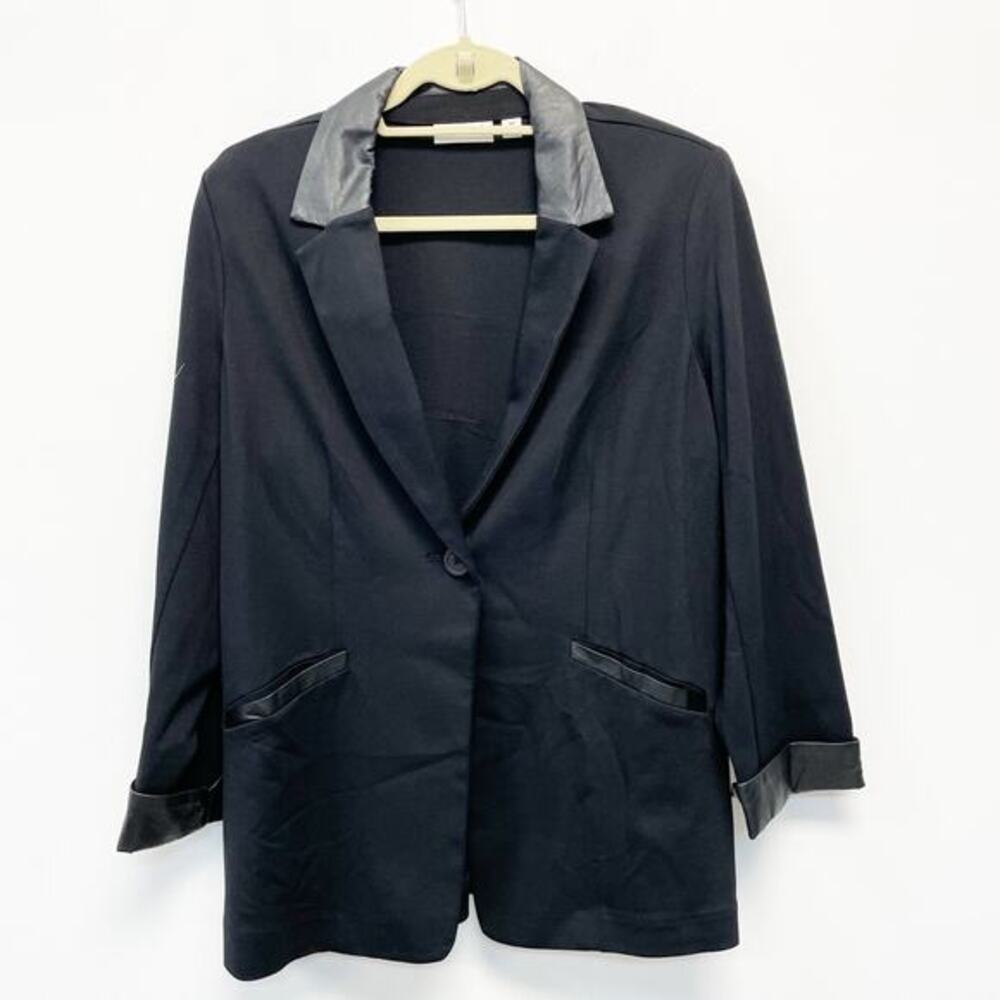 Susan Graver Women 14P Black Faux Leather Trim Single Button Ponte Jacket Blazer